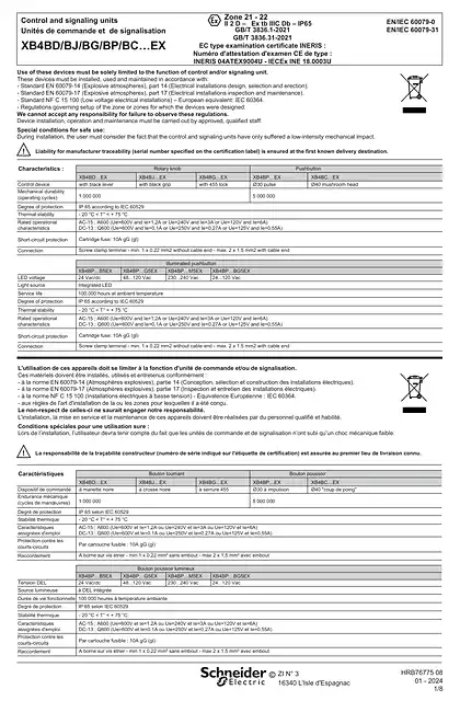 schneider施耐德XB4BD_BJ_BG_BP_BC…EX Rotary knob and Pushbutton ATEX_ 说明书